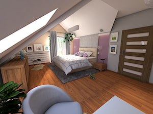 Sypialnia zmiana wystroju - Duża beżowa różowa szara z biurkiem sypialnia na poddaszu, styl nowoczesny - zdjęcie od P.S.-projekt