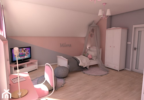 Pokój Milenki - Duży biały różowy szary pokój dziecka dla nastolatka dla dziewczynki, styl nowoczesny - zdjęcie od P.S.-projekt