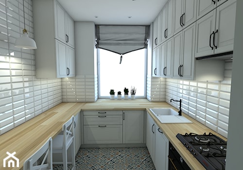 Tradycyjna kuchnia - Średnia biała szara z zabudowaną lodówką z nablatowym zlewozmywakiem kuchnia w kształcie litery u z oknem, styl tradycyjny - zdjęcie od P.S.-projekt