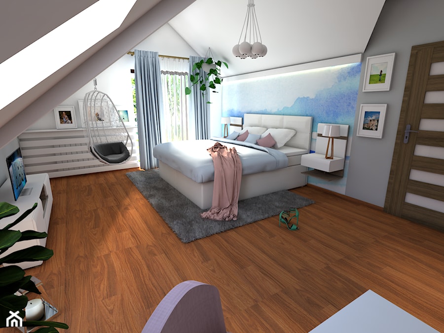 Sypialnia zmiana wystroju - Średnia szara sypialnia na poddaszu, styl nowoczesny - zdjęcie od P.S.-projekt