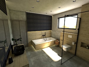 Łazienka w betonie - Średnia z lustrem z punktowym oświetleniem łazienka z oknem, styl nowoczesny - zdjęcie od P.S.-projekt