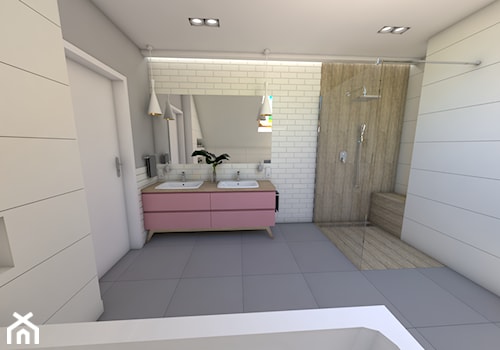 Łazienka pod Ostrzeszowem - Średnia na poddaszu z lustrem z dwoma umywalkami łazienka, styl nowoczesny - zdjęcie od P.S.-projekt
