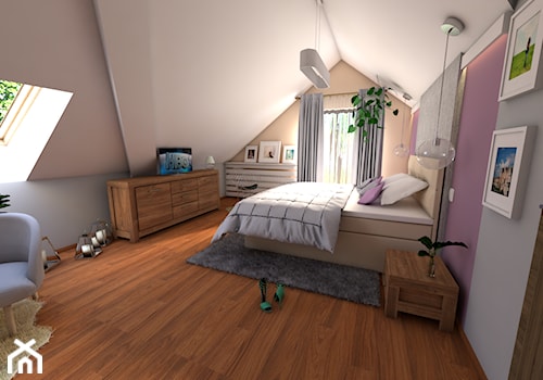 Sypialnia zmiana wystroju - Średnia różowa szara sypialnia na poddaszu, styl nowoczesny - zdjęcie od P.S.-projekt
