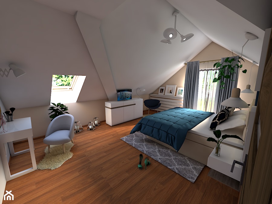 Sypialnia zmiana wystroju - Średnia beżowa biała sypialnia na poddaszu, styl nowoczesny - zdjęcie od P.S.-projekt