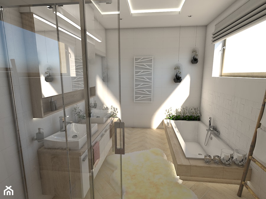 Jasna łazienka - Średnia z lustrem z dwoma umywalkami z punktowym oświetleniem łazienka z oknem - zdjęcie od P.S.-projekt