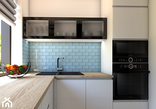 Kuchnia i salon - Mała zamknięta biała niebieska z zabudowaną lodówką z nablatowym zlewozmywakiem kuchnia w kształcie litery l z oknem, styl nowoczesny - zdjęcie od P.S.-projekt