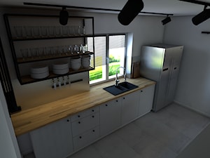 Dom z elementami industrialnymi - Średnia zamknięta szara z zabudowaną lodówką z nablatowym zlewozmywakiem kuchnia jednorzędowa z oknem, styl industrialny - zdjęcie od P.S.-projekt