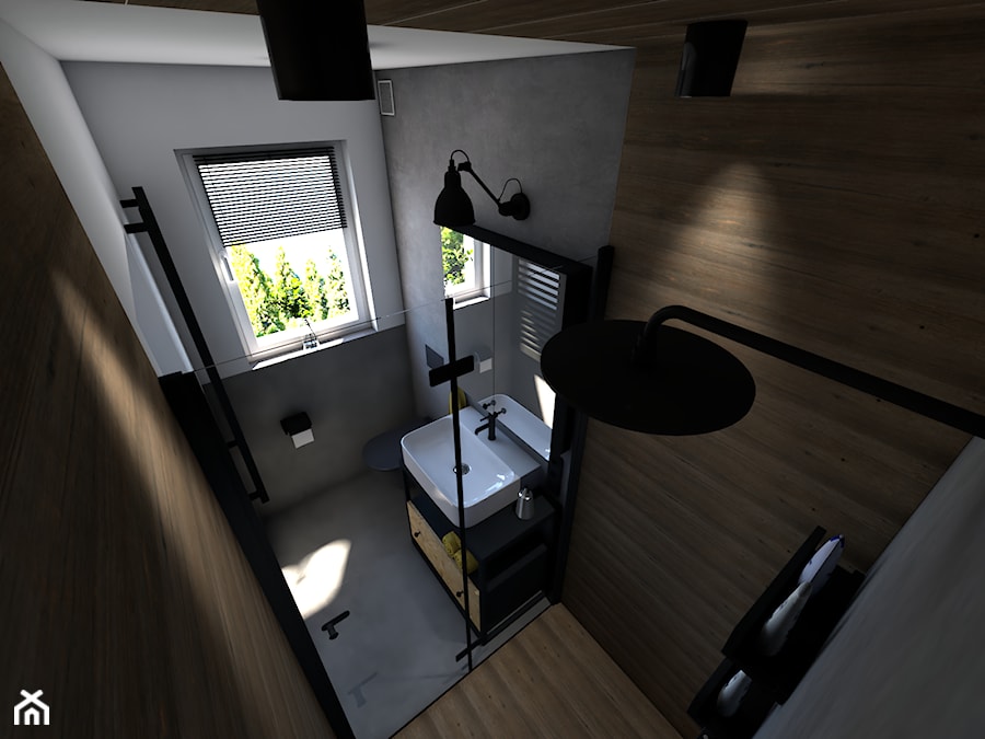 Dom z elementami industrialnymi - Średnia z lustrem z punktowym oświetleniem łazienka z oknem, styl industrialny - zdjęcie od P.S.-projekt