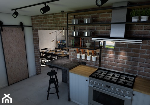 Dom z elementami industrialnymi - Średnia zamknięta szara z zabudowaną lodówką kuchnia jednorzędowa, styl industrialny - zdjęcie od P.S.-projekt