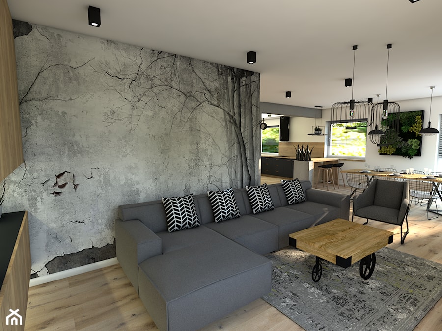Dom pod Koninem - Średni szary salon z kuchnią z jadalnią, styl industrialny - zdjęcie od P.S.-projekt