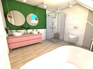 Łazienka z różem - Średnia na poddaszu z lustrem z dwoma umywalkami łazienka z oknem - zdjęcie od P.S.-projekt