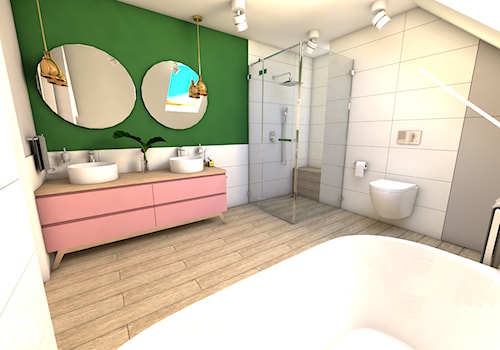 Łazienka z różem - Średnia na poddaszu z lustrem z dwoma umywalkami łazienka z oknem - zdjęcie od P.S.-projekt