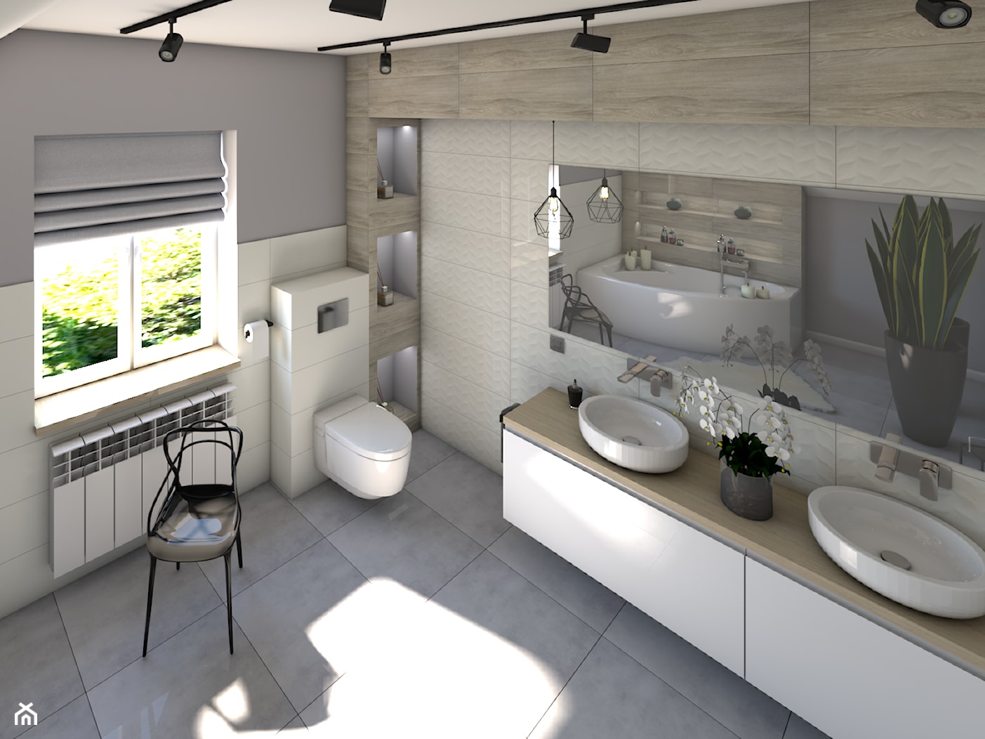 Domowe spa - Duża na poddaszu z dwoma umywalkami łazienka z oknem, styl skandynawski - zdjęcie od P.S.-projekt - Homebook