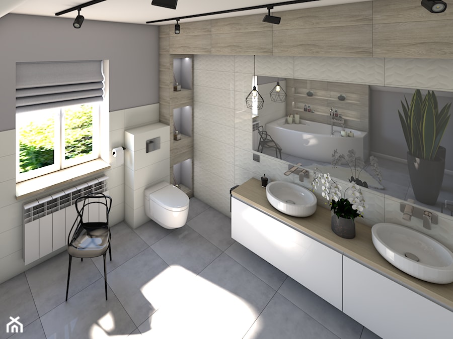Domowe spa - Duża na poddaszu z dwoma umywalkami łazienka z oknem, styl skandynawski - zdjęcie od P.S.-projekt