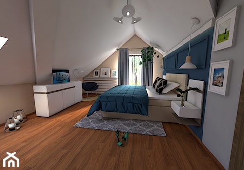 Sypialnia zmiana wystroju - Średnia beżowa biała niebieska sypialnia na poddaszu, styl nowoczesny - zdjęcie od P.S.-projekt