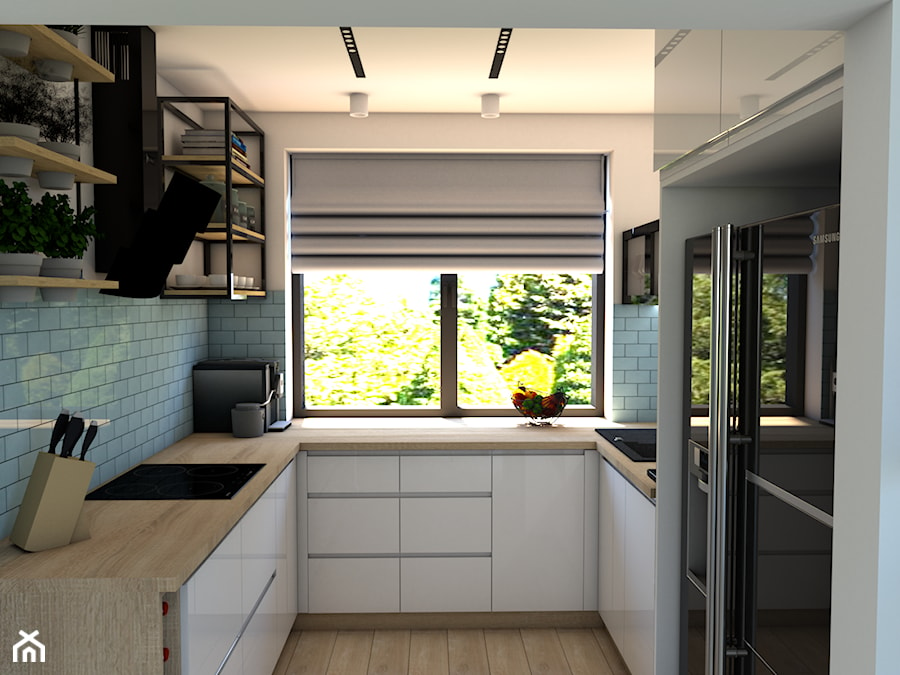 Kuchnia i salon - Mała zamknięta biała z zabudowaną lodówką z nablatowym zlewozmywakiem kuchnia w kształcie litery u z oknem, styl nowoczesny - zdjęcie od P.S.-projekt