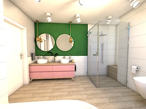 Łazienka z różem - Średnia na poddaszu z lustrem z dwoma umywalkami z punktowym oświetleniem łazienka z oknem - zdjęcie od P.S.-projekt
