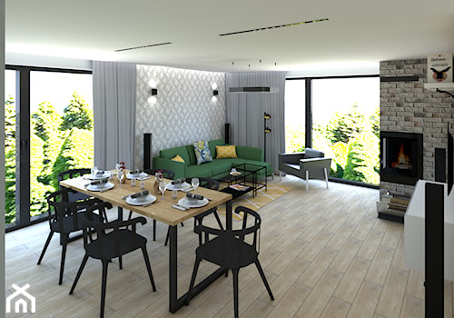 Pokój dzienny - Średni biały salon z jadalnią z tarasem / balkonem, styl nowoczesny - zdjęcie od P.S.-projekt