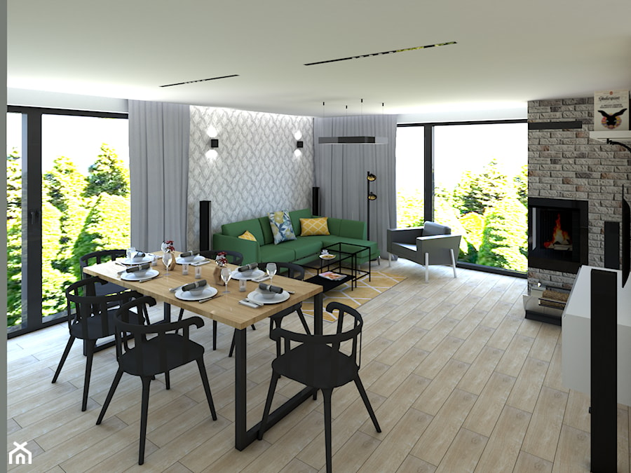 Pokój dzienny - Średni biały salon z jadalnią z tarasem / balkonem, styl nowoczesny - zdjęcie od P.S.-projekt