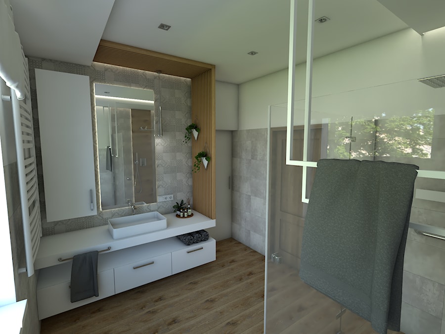Łazienki w domu pod Poznaniem - Średnia z lustrem z punktowym oświetleniem łazienka z oknem, styl nowoczesny - zdjęcie od P.S.-projekt