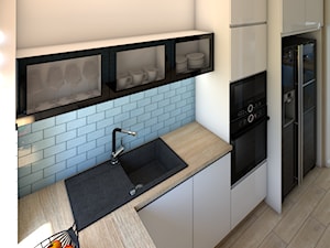 Kuchnia i salon - Średnia zamknięta biała niebieska z zabudowaną lodówką z nablatowym zlewozmywakiem kuchnia w kształcie litery l z oknem, styl nowoczesny - zdjęcie od P.S.-projekt