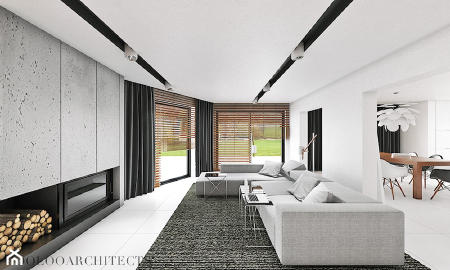 Ip house - Duży biały salon z jadalnią, styl nowoczesny - zdjęcie od Mymolo Patrycja Dąbek