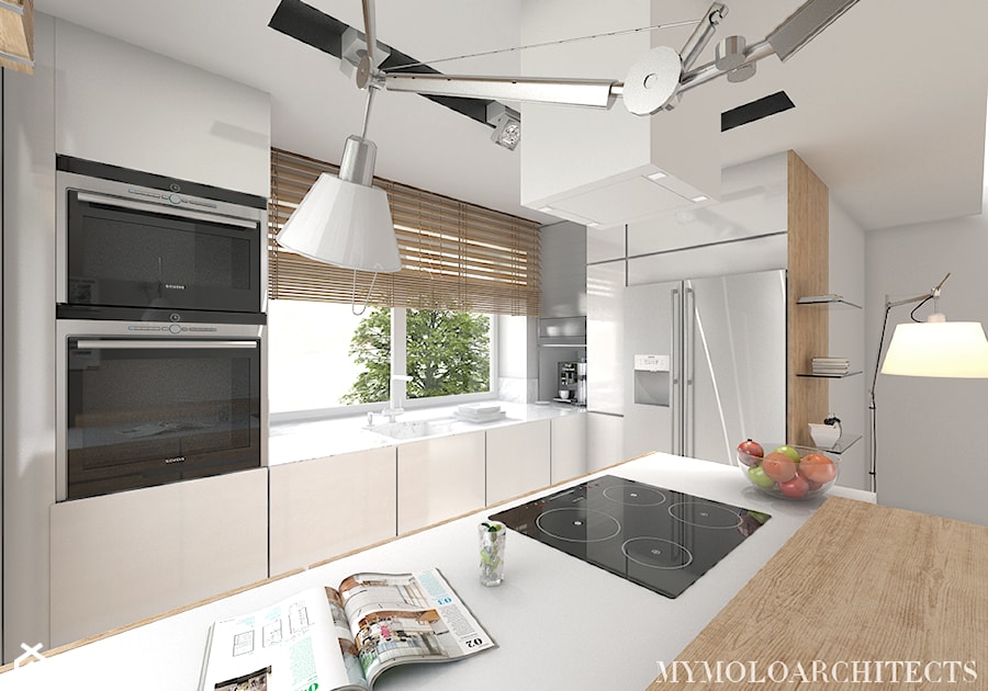 bi house - Średnia otwarta z zabudowaną lodówką z lodówką wolnostojącą kuchnia w kształcie litery g z oknem, styl nowoczesny - zdjęcie od Mymolo Patrycja Dąbek