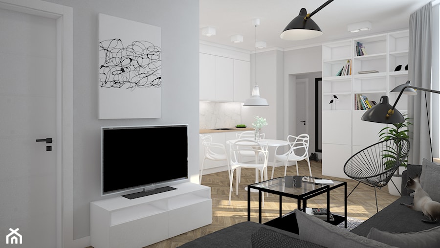 mieszkanie w kamienicy - Mały biały szary salon z kuchnią z jadalnią z bibiloteczką, styl skandynawski - zdjęcie od Martyna Midel projekty wnętrz