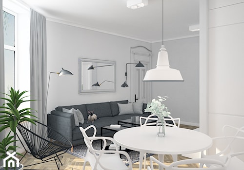 mieszkanie w kamienicy - Mały biały salon z kuchnią z jadalnią z tarasem / balkonem, styl skandynawski - zdjęcie od Martyna Midel projekty wnętrz