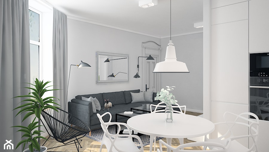 mieszkanie w kamienicy - Mały biały salon z kuchnią z jadalnią z tarasem / balkonem, styl skandynawski - zdjęcie od Martyna Midel projekty wnętrz