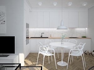 mieszkanie w kamienicy - Średnia otwarta z salonem biała szara z zabudowaną lodówką z nablatowym zlewozmywakiem kuchnia w kształcie litery l, styl skandynawski - zdjęcie od Martyna Midel projekty wnętrz