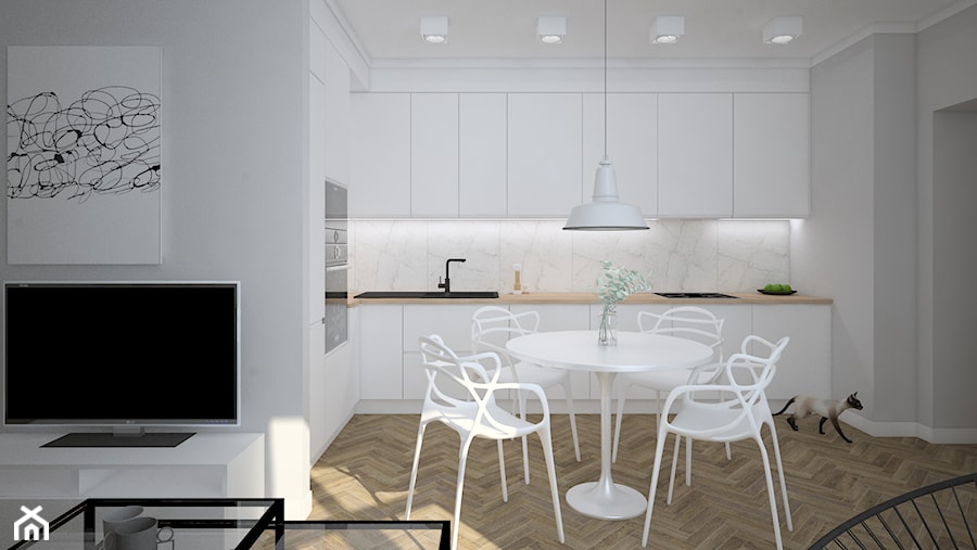 mieszkanie w kamienicy - Średnia otwarta z salonem biała szara z zabudowaną lodówką z nablatowym zlewozmywakiem kuchnia w kształcie litery l, styl skandynawski - zdjęcie od Martyna Midel projekty wnętrz