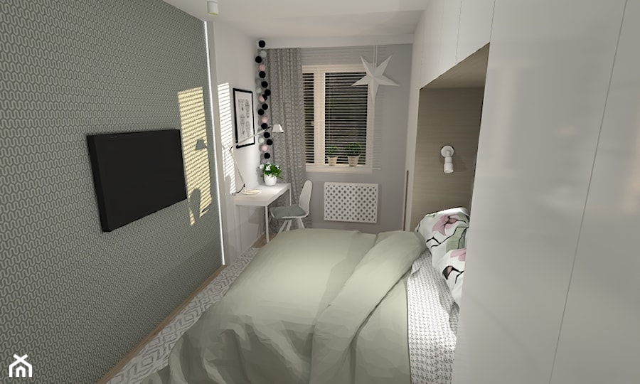 Miętowy powiew - Średnia biała szara z biurkiem sypialnia, styl skandynawski - zdjęcie od 4ideahome