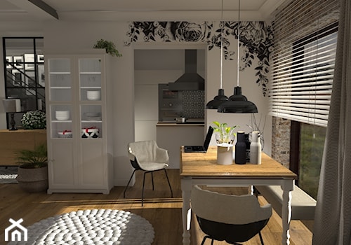 Czarny kwiaty - Mała biała jadalnia w salonie w kuchni, styl industrialny - zdjęcie od 4ideahome