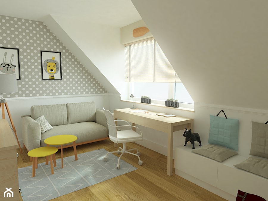 DOM POKAZOWY - Mały szary pokój dziecka dla nastolatka dla chłopca dla dziewczynki, styl skandynawski - zdjęcie od KBW Architektura & Design