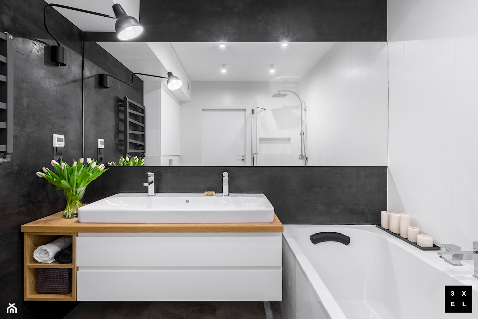 NOWOCZESNOŚĆ Z SUROWYM CHARAKTEREM - Mała bez okna z dwoma umywalkami łazienka, styl nowoczesny - zdjęcie od 3XEL Architekci - Homebook