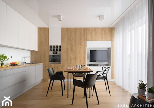 MIESZKANIE - Biały salon z kuchnią z jadalnią z tarasem / balkonem, styl nowoczesny - zdjęcie od 3XEL Architekci