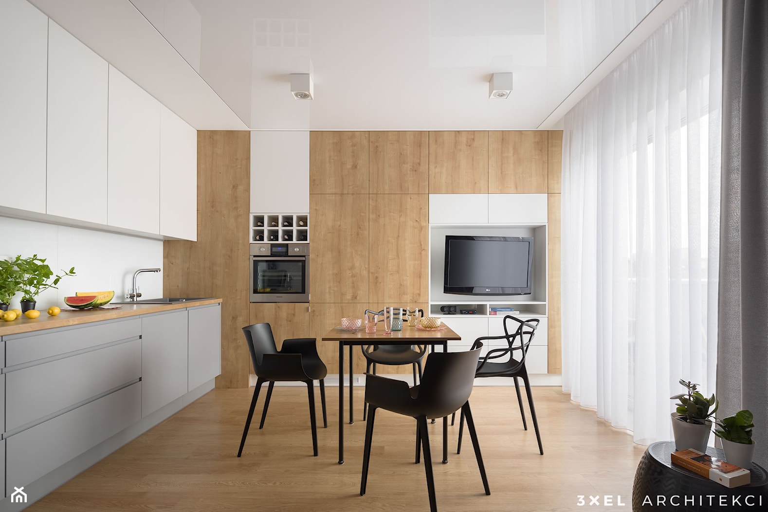 MIESZKANIE - Biały salon z kuchnią z jadalnią z tarasem / balkonem, styl nowoczesny - zdjęcie od 3XEL Architekci - Homebook