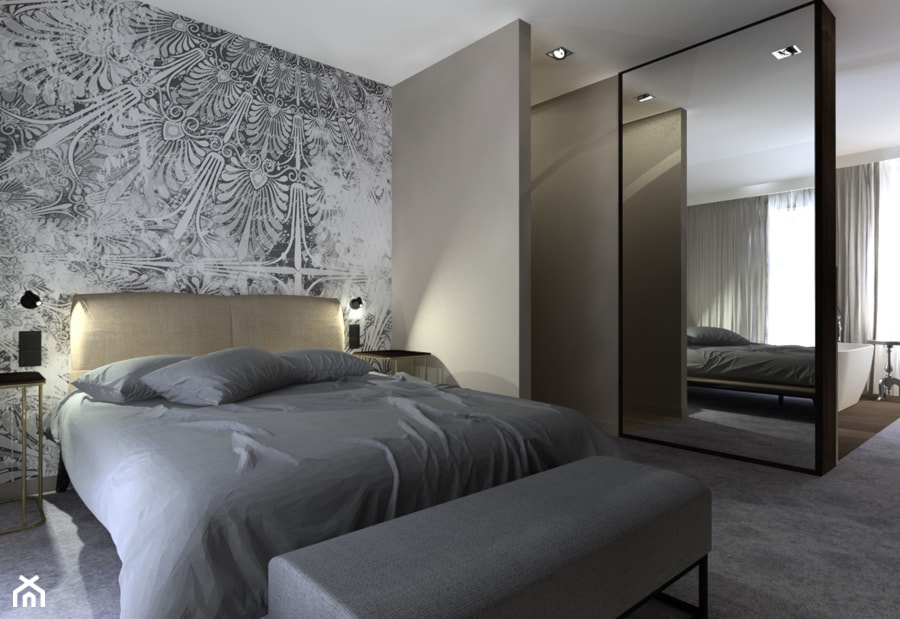 apartament//100m//Andrychów - Średnia beżowa sypialnia z łazienką - zdjęcie od totamstudio