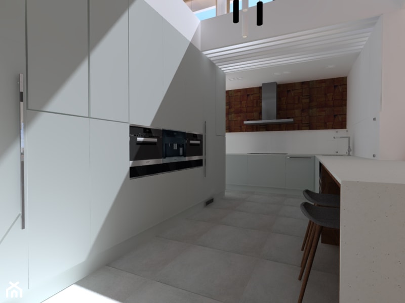 dom//315m//Pisarzowice - Duża otwarta z kamiennym blatem biała z zabudowaną lodówką kuchnia w kształcie litery l - zdjęcie od totamstudio