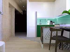 kawalerka//35m//Kraków - Mała otwarta zielona z zabudowaną lodówką kuchnia w kształcie litery u z oknem, styl nowoczesny - zdjęcie od totamstudio