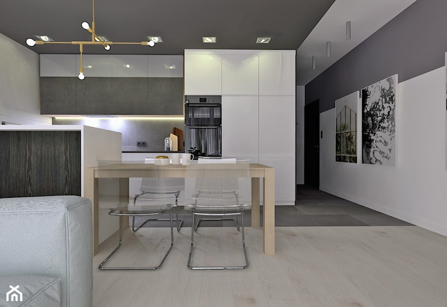 mieszkanie//65m//Bielsko-Biała - Średnia otwarta biała szara z zabudowaną lodówką kuchnia w kształcie litery u - zdjęcie od totamstudio
