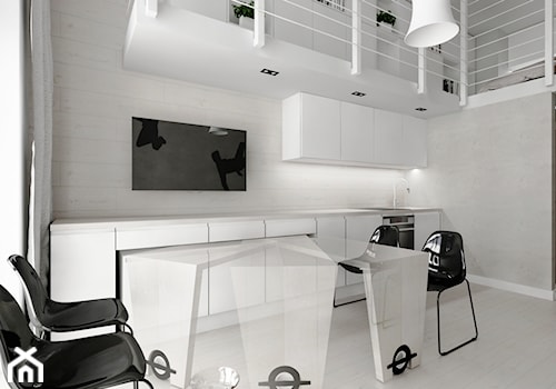 Minimalistyczny loft z grafiką - Mała otwarta z salonem z kamiennym blatem szara z zabudowaną lodówką z nablatowym zlewozmywakiem kuchnia jednorzędowa, styl minimalistyczny - zdjęcie od Piotr Skorupski Studio Architektury