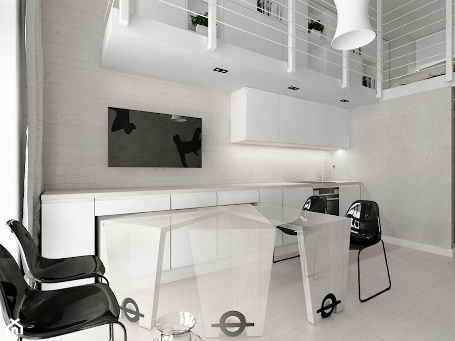 Minimalistyczny loft z grafiką - Mała otwarta z salonem z kamiennym blatem szara z zabudowaną lodówką z nablatowym zlewozmywakiem kuchnia jednorzędowa, styl minimalistyczny - zdjęcie od Piotr Skorupski Studio Architektury