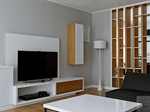 Biało szary salon z dębowym regałem - zdjęcie od Piotr Skorupski Studio Architektury