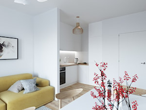 Mała otwarta z salonem biała z zabudowaną lodówką kuchnia w kształcie litery l jednorzędowa, styl minimalistyczny - zdjęcie od Aneta Talarczyk Pracownia Projektowa