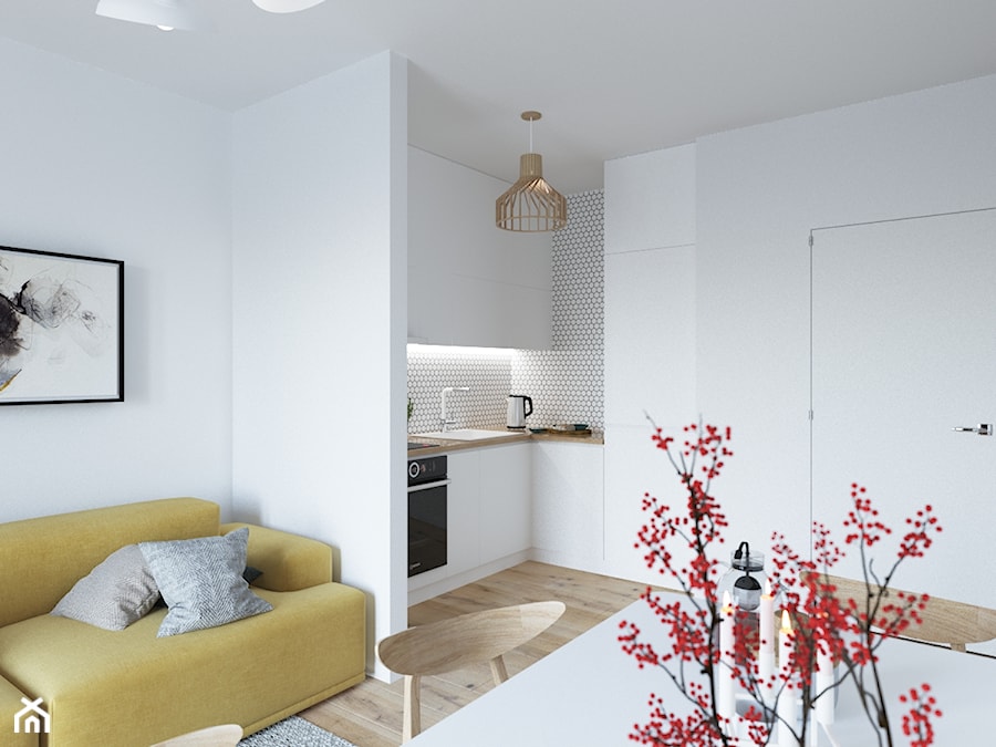 Mała otwarta z salonem biała z zabudowaną lodówką kuchnia w kształcie litery l jednorzędowa, styl minimalistyczny - zdjęcie od Aneta Talarczyk Pracownia Projektowa