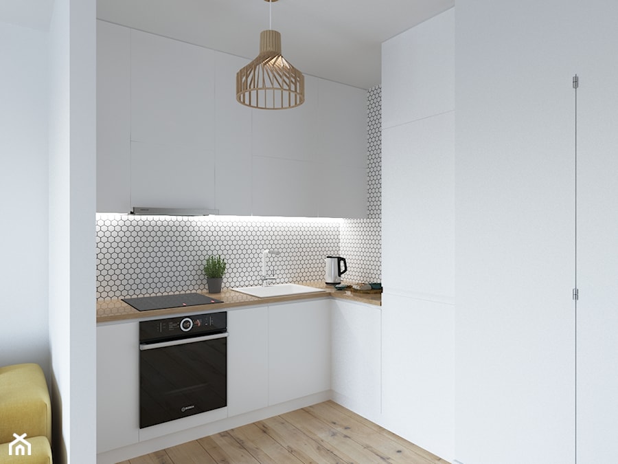 Mała otwarta z salonem biała szara z zabudowaną lodówką z nablatowym zlewozmywakiem kuchnia w kształcie litery l, styl minimalistyczny - zdjęcie od Aneta Talarczyk Pracownia Projektowa