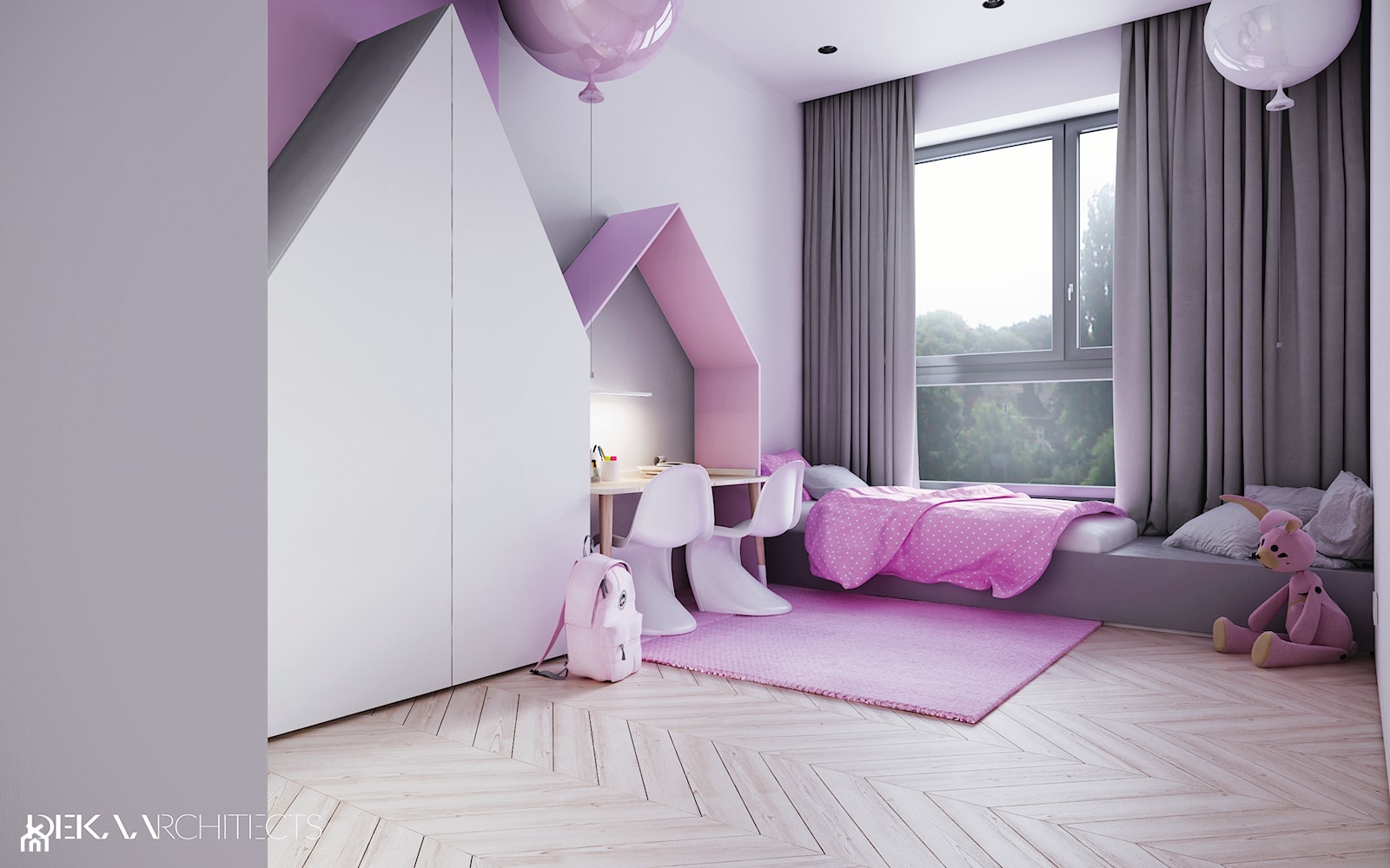 I22.16 | Kabaty, Warszawa PL - Średni różowy szary pokój dziecka dla dziecka dla nastolatka dla dzie ... - zdjęcie od DEKAA Architects - Homebook