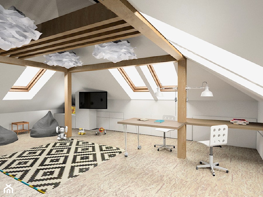 pokój dziecięcy napoddaszu - Duży biały pokój dziecka dla nastolatka dla chłopca, styl skandynawski - zdjęcie od FLUO design